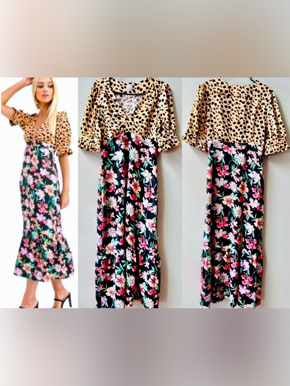 ASOS MIXED MEDIA PLUNGE NECK TEA LENGTH DRESS FLORAL LEOPARD WOMENS SIZE 2